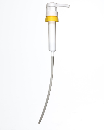 A white and yellow jug pump with a tube, against a plain background.

